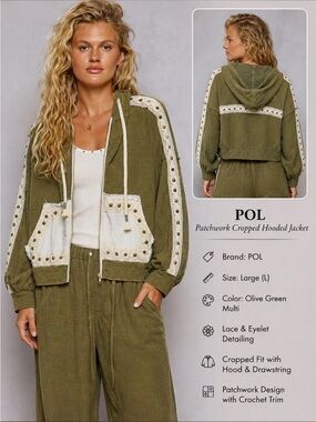 POL Patchwork Cropped Hooded Jacket - Olive Green & Cream Trim